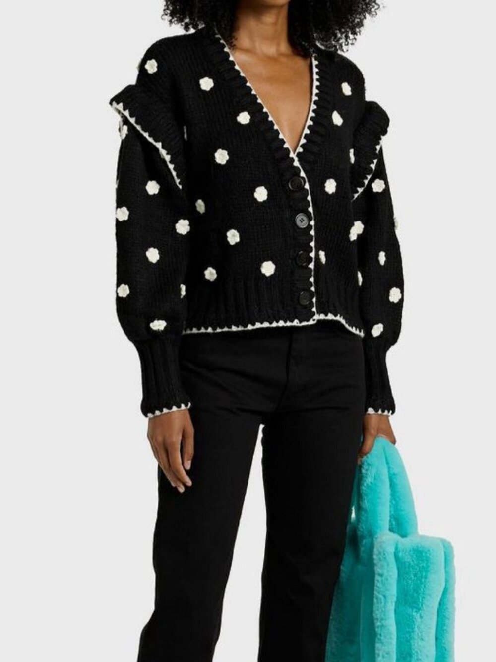 Farm Rio Women's Black Floral-Appliquéd Ribbed-Knit Cardigan Sweater Size XS